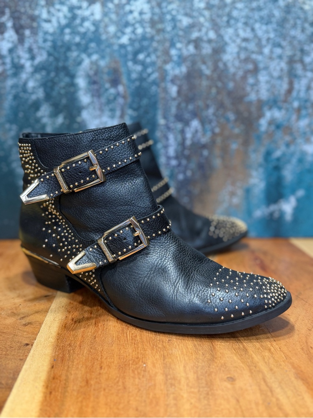 Vince Camuto Black Leather Gold Studded Buckle Ankle Boots Size 8